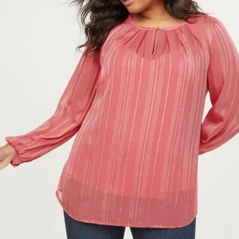 NWT Lane Bryant‎ Blouse Top 24 Metallic
Stripe Sheer Long Sleeve Keyhole Pink